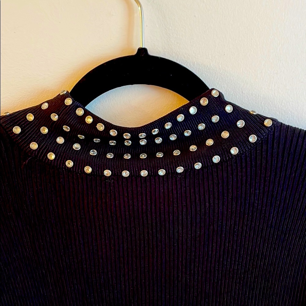 NEW! I.N.C. Black Ribbed Long Sleeve Mock/Silver Studded Collar - Runs small.